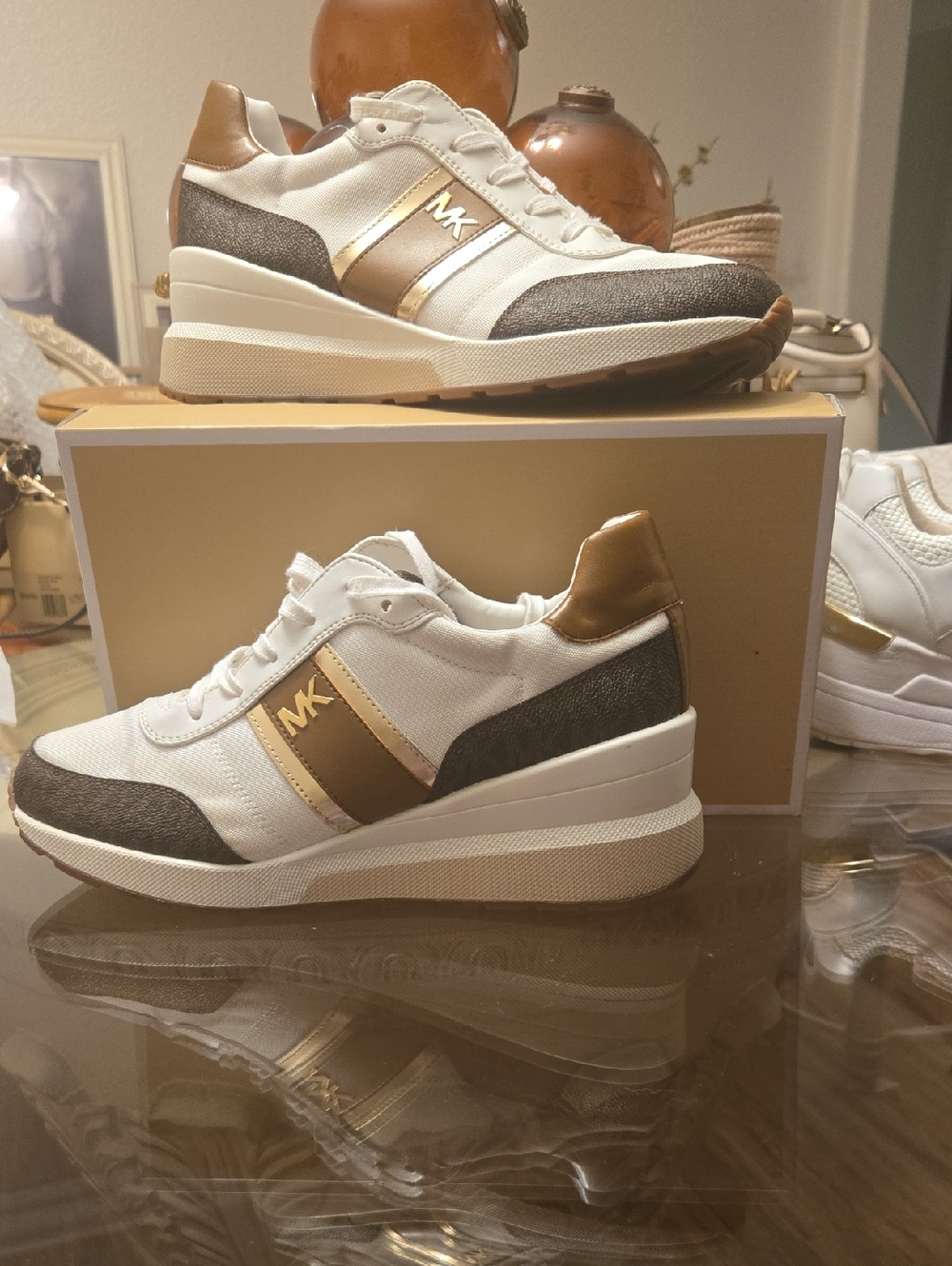 Michael Kors White and Gold Wedge Sneakers with Charcoal Panels